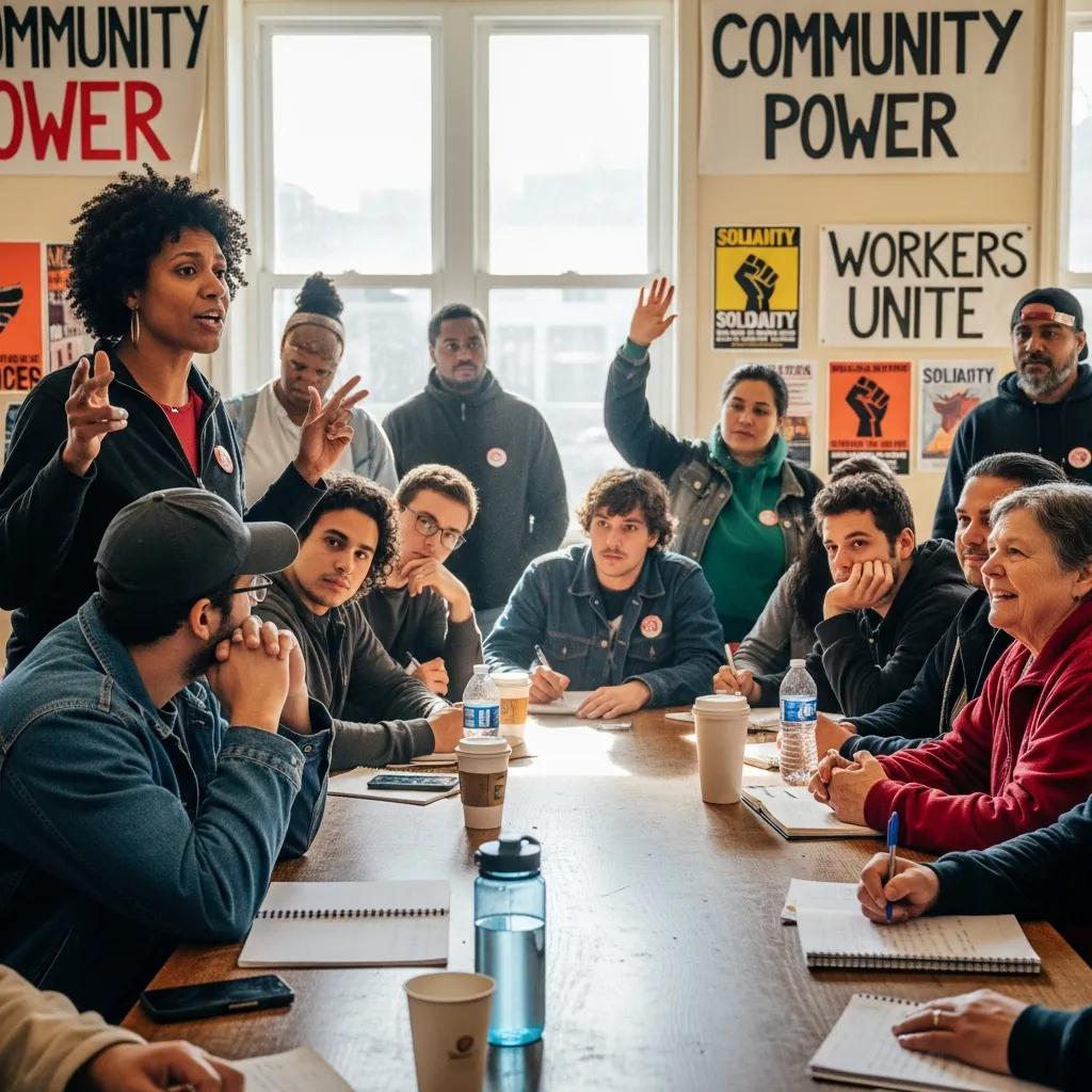 Workers engaged in a community organizing meeting advocating for labor rights