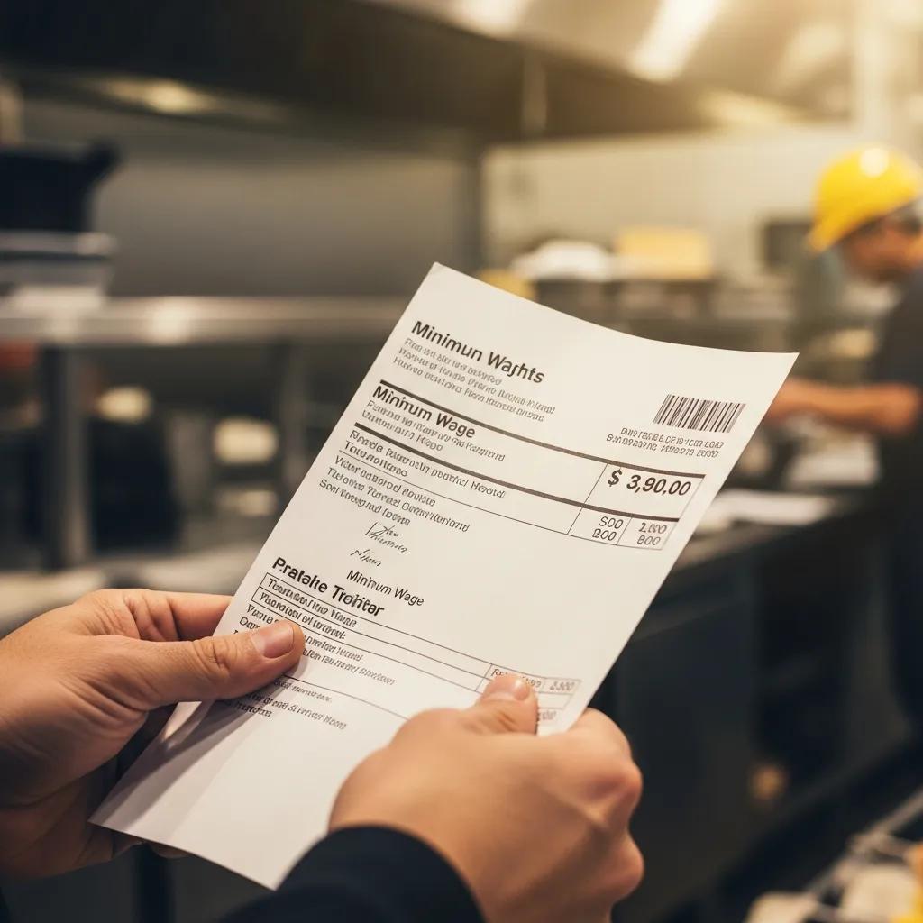 Close-up of a worker's hands holding a paycheck in a workplace setting, highlighting minimum wage rights