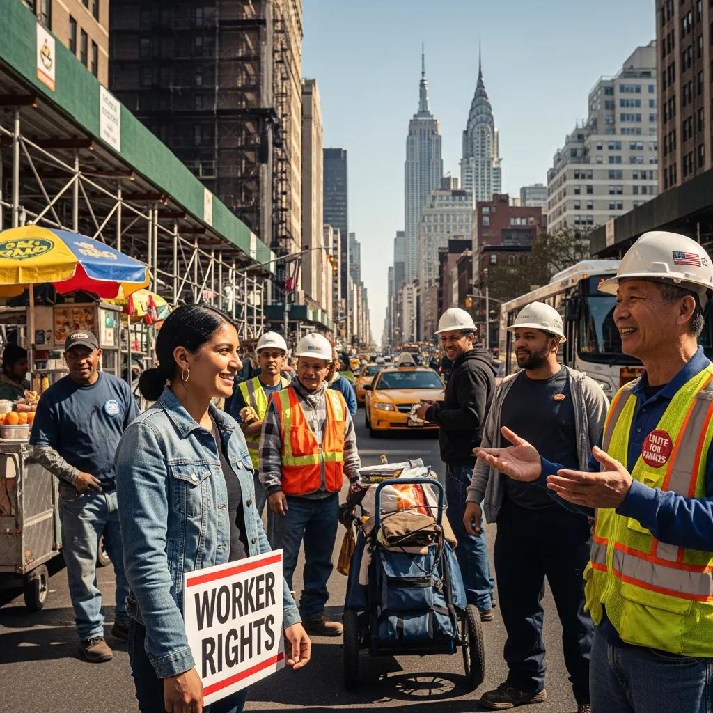 Diverse group of workers in New York City representing unity and empowerment in labor rights