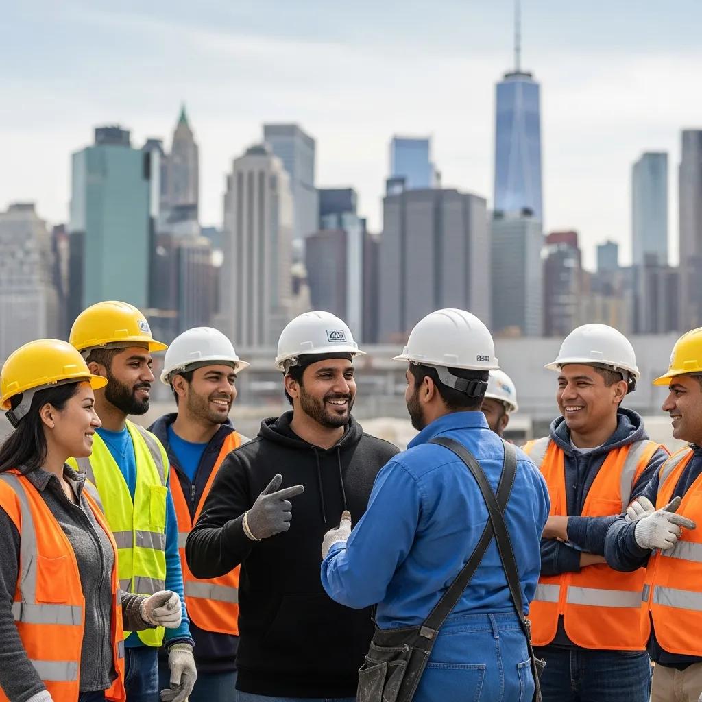 Diverse immigrant workers in New York collaborating in a supportive workplace environment