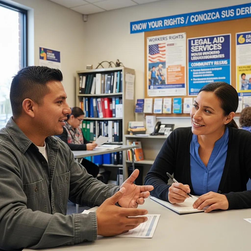 Latino immigrant worker discussing labor rights with a community advocate in a supportive setting